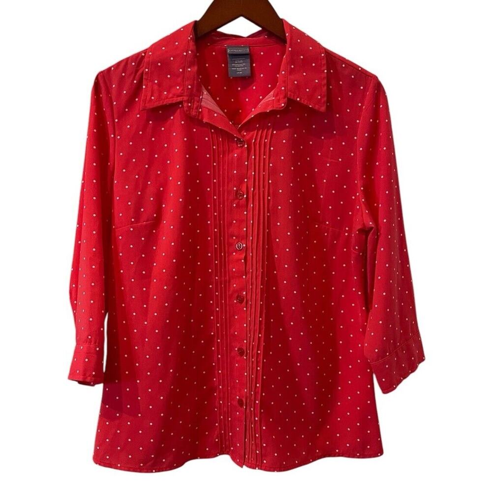 Laura Scott Button Down Shirt Womens PL LP Large Petite Red Polka Dot 3/4 Sleeve